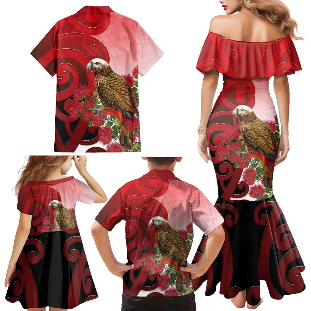 New Zealand Parrot Kaka Family Matching Mermaid Dress and Hawaiian Shirt Maori Koru With Pohutukawa Flowers - Polynesian Pride
