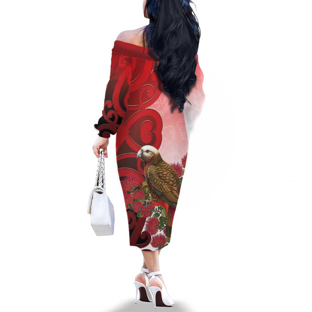 New Zealand Parrot Kaka Family Matching Off The Shoulder Long Sleeve Dress and Hawaiian Shirt Maori Koru With Pohutukawa Flowers - Polynesian Pride