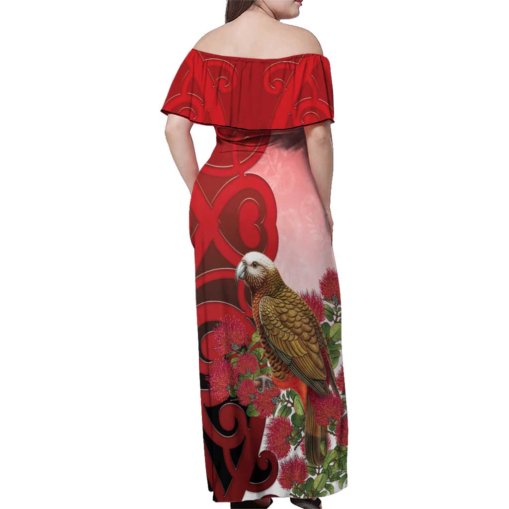 New Zealand Parrot Kaka Family Matching Off Shoulder Maxi Dress and Hawaiian Shirt Maori Koru With Pohutukawa Flowers - Polynesian Pride