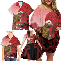 New Zealand Parrot Kaka Family Matching Off Shoulder Short Dress and Hawaiian Shirt Maori Koru With Pohutukawa Flowers - Polynesian Pride