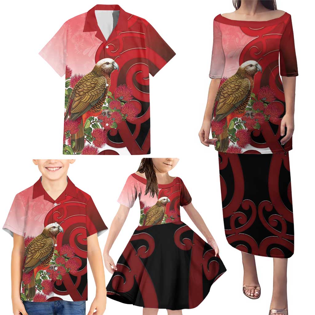 New Zealand Parrot Kaka Family Matching Puletasi and Hawaiian Shirt Maori Koru With Pohutukawa Flowers - Polynesian Pride