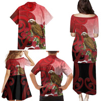 New Zealand Parrot Kaka Family Matching Puletasi and Hawaiian Shirt Maori Koru With Pohutukawa Flowers - Polynesian Pride