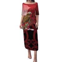 New Zealand Parrot Kaka Family Matching Puletasi and Hawaiian Shirt Maori Koru With Pohutukawa Flowers - Polynesian Pride