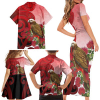 New Zealand Parrot Kaka Family Matching Short Sleeve Bodycon Dress and Hawaiian Shirt Maori Koru With Pohutukawa Flowers - Polynesian Pride