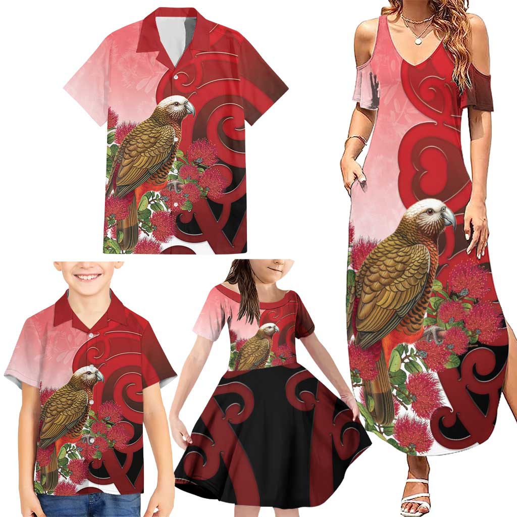 New Zealand Parrot Kaka Family Matching Summer Maxi Dress and Hawaiian Shirt Maori Koru With Pohutukawa Flowers - Polynesian Pride