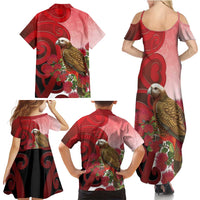 New Zealand Parrot Kaka Family Matching Summer Maxi Dress and Hawaiian Shirt Maori Koru With Pohutukawa Flowers - Polynesian Pride
