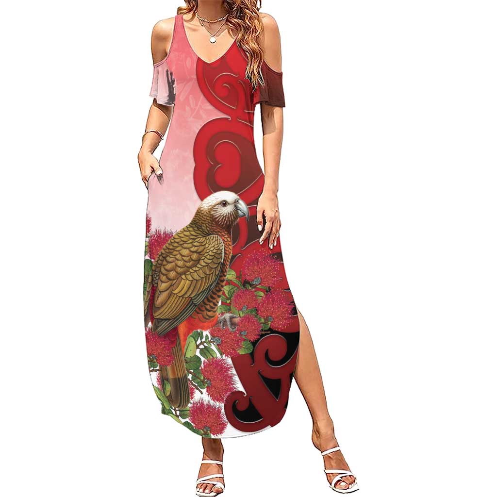 New Zealand Parrot Kaka Family Matching Summer Maxi Dress and Hawaiian Shirt Maori Koru With Pohutukawa Flowers - Polynesian Pride
