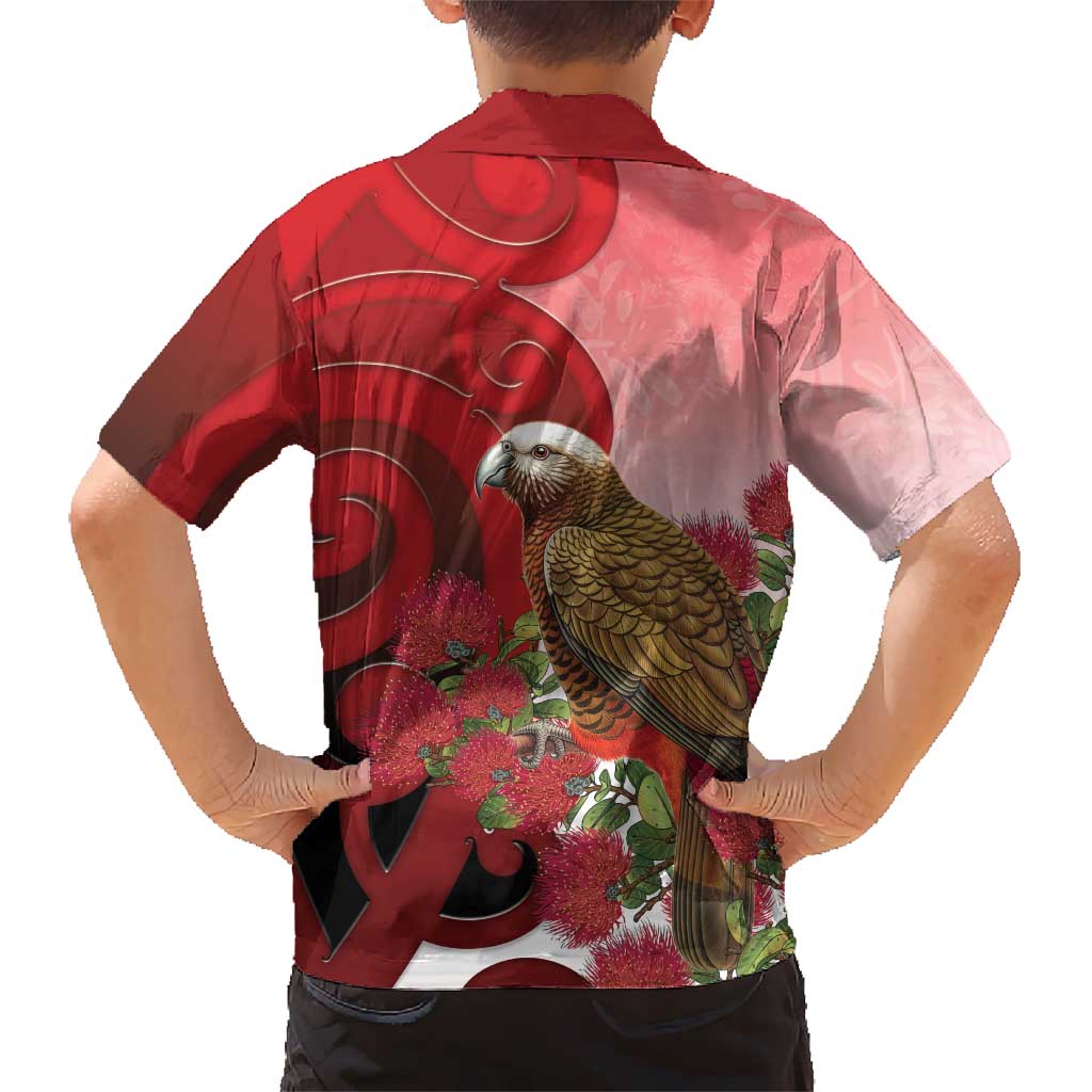 New Zealand Parrot Kaka Family Matching Tank Maxi Dress and Hawaiian Shirt Maori Koru With Pohutukawa Flowers LT05 - Polynesian Pride