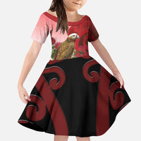New Zealand Parrot Kaka Family Matching Tank Maxi Dress and Hawaiian Shirt Maori Koru With Pohutukawa Flowers LT05 Daughter's Dress Red - Polynesian Pride