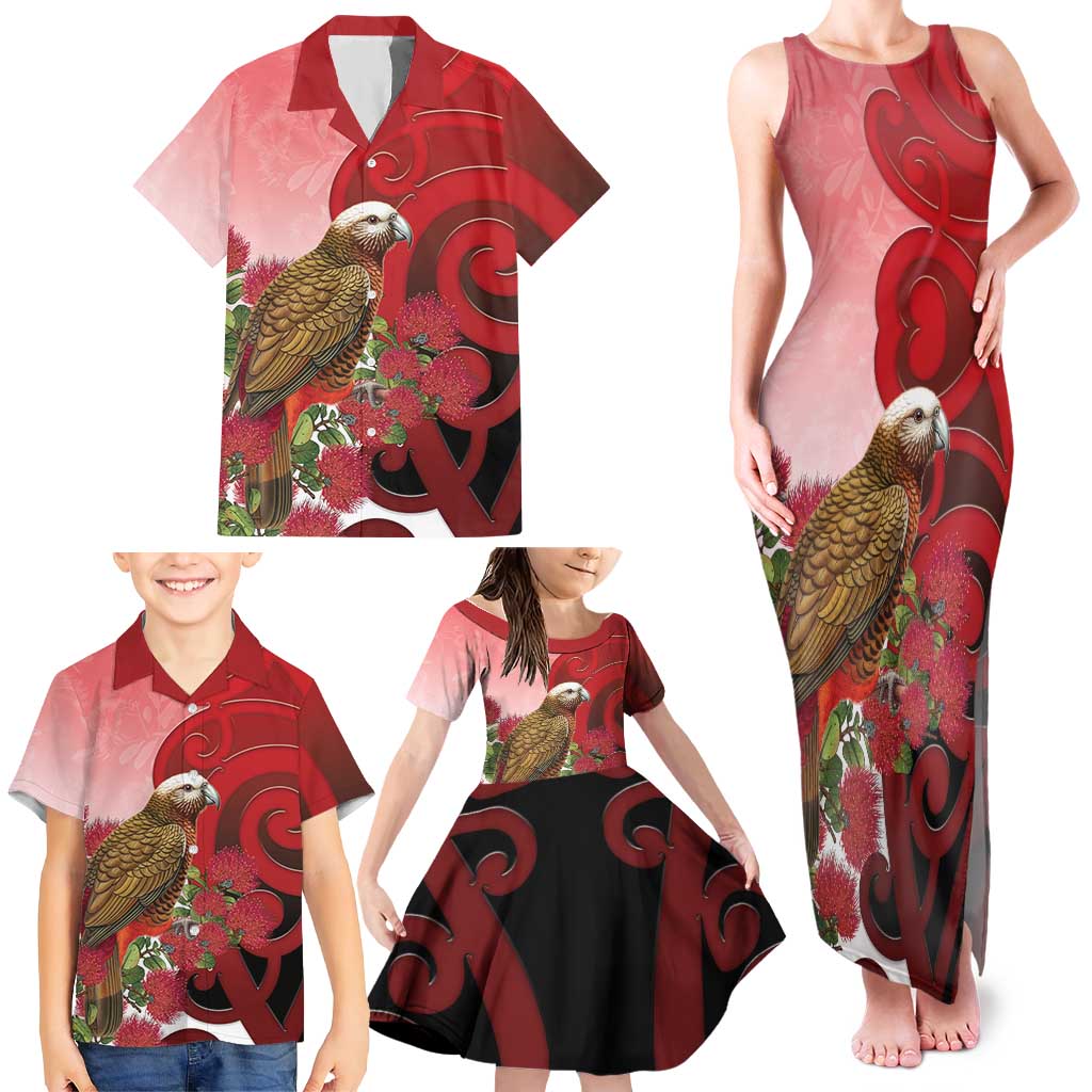 New Zealand Parrot Kaka Family Matching Tank Maxi Dress and Hawaiian Shirt Maori Koru With Pohutukawa Flowers LT05 - Polynesian Pride