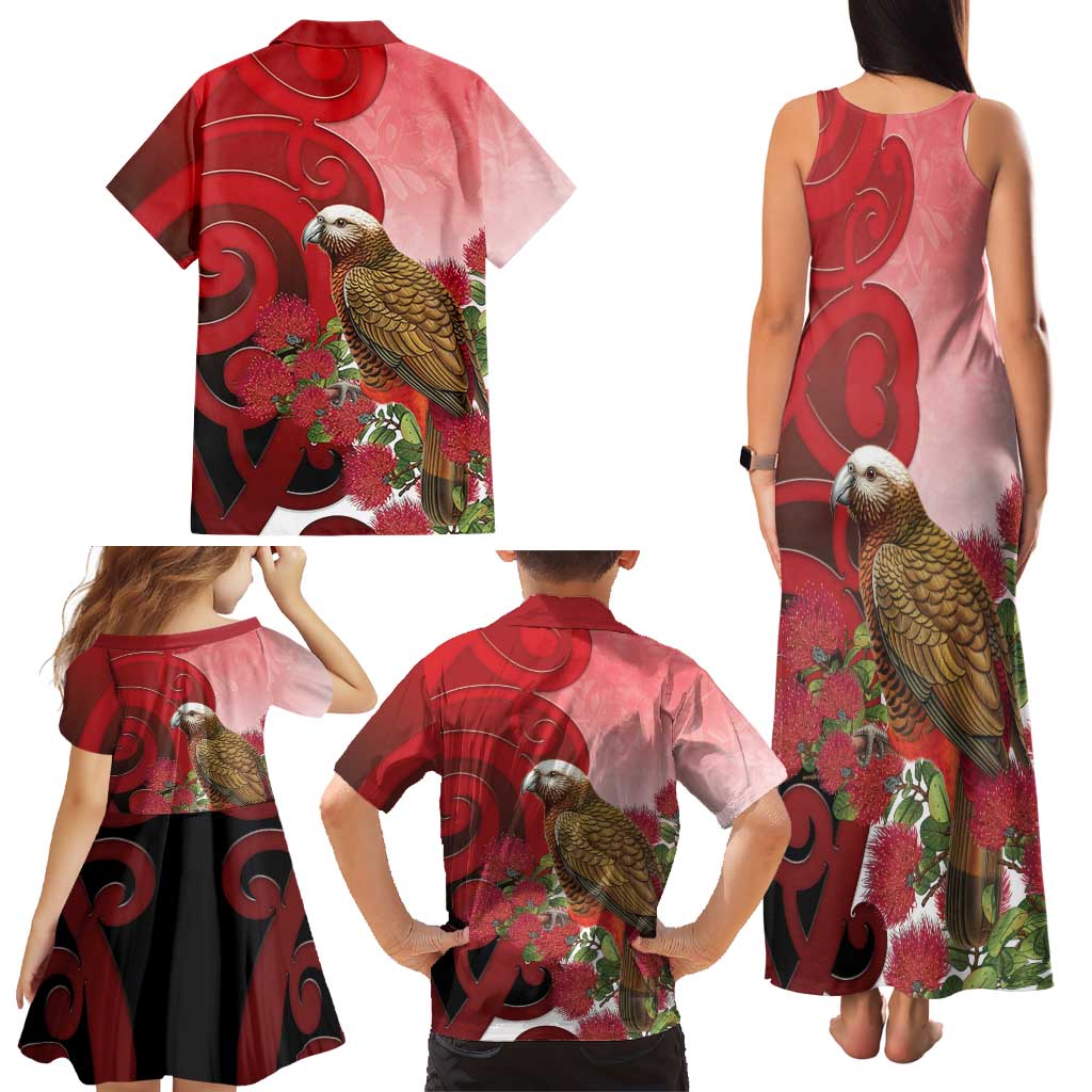 New Zealand Parrot Kaka Family Matching Tank Maxi Dress and Hawaiian Shirt Maori Koru With Pohutukawa Flowers LT05 - Polynesian Pride