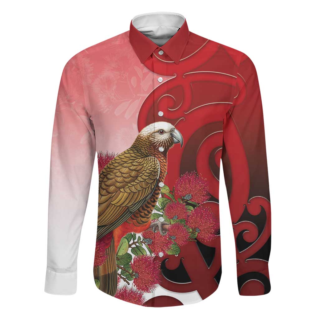 New Zealand Parrot Kaka Family Matching Tank Maxi Dress and Hawaiian Shirt Maori Koru With Pohutukawa Flowers LT05 Dad's Shirt - Long Sleeve Red - Polynesian Pride