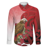 New Zealand Parrot Kaka Family Matching Tank Maxi Dress and Hawaiian Shirt Maori Koru With Pohutukawa Flowers LT05 Dad's Shirt - Long Sleeve Red - Polynesian Pride