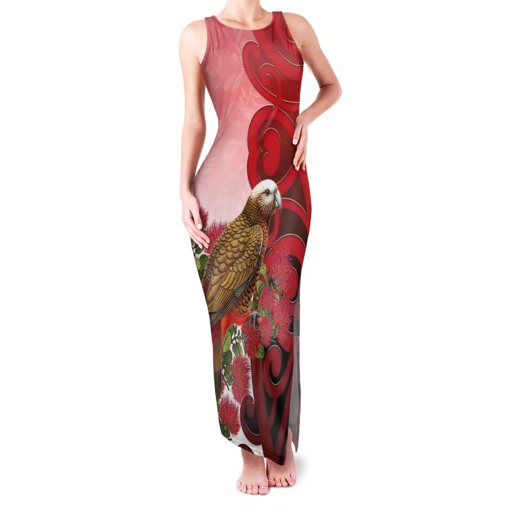 New Zealand Parrot Kaka Family Matching Tank Maxi Dress and Hawaiian Shirt Maori Koru With Pohutukawa Flowers LT05 Mom's Dress Red - Polynesian Pride