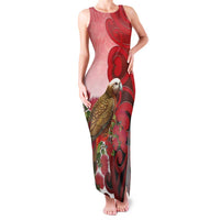 New Zealand Parrot Kaka Family Matching Tank Maxi Dress and Hawaiian Shirt Maori Koru With Pohutukawa Flowers LT05 Mom's Dress Red - Polynesian Pride