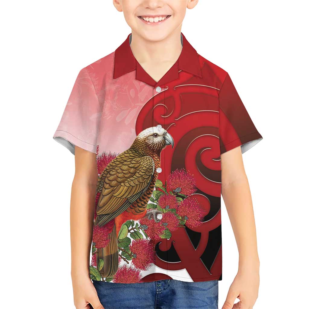 New Zealand Parrot Kaka Family Matching Tank Maxi Dress and Hawaiian Shirt Maori Koru With Pohutukawa Flowers LT05 Son's Shirt Red - Polynesian Pride