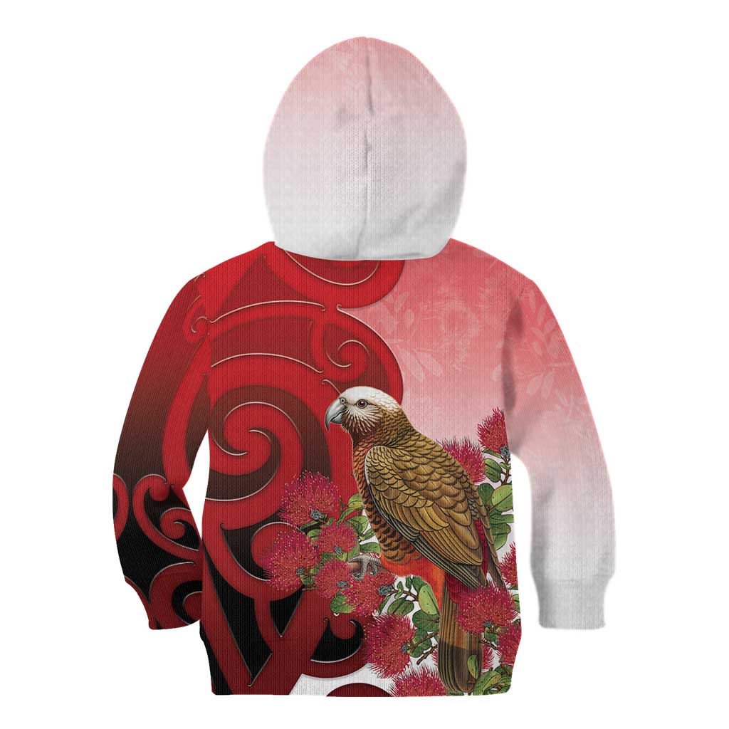 New Zealand Parrot Kaka Kid Hoodie Maori Koru With Pohutukawa Flowers - Polynesian Pride