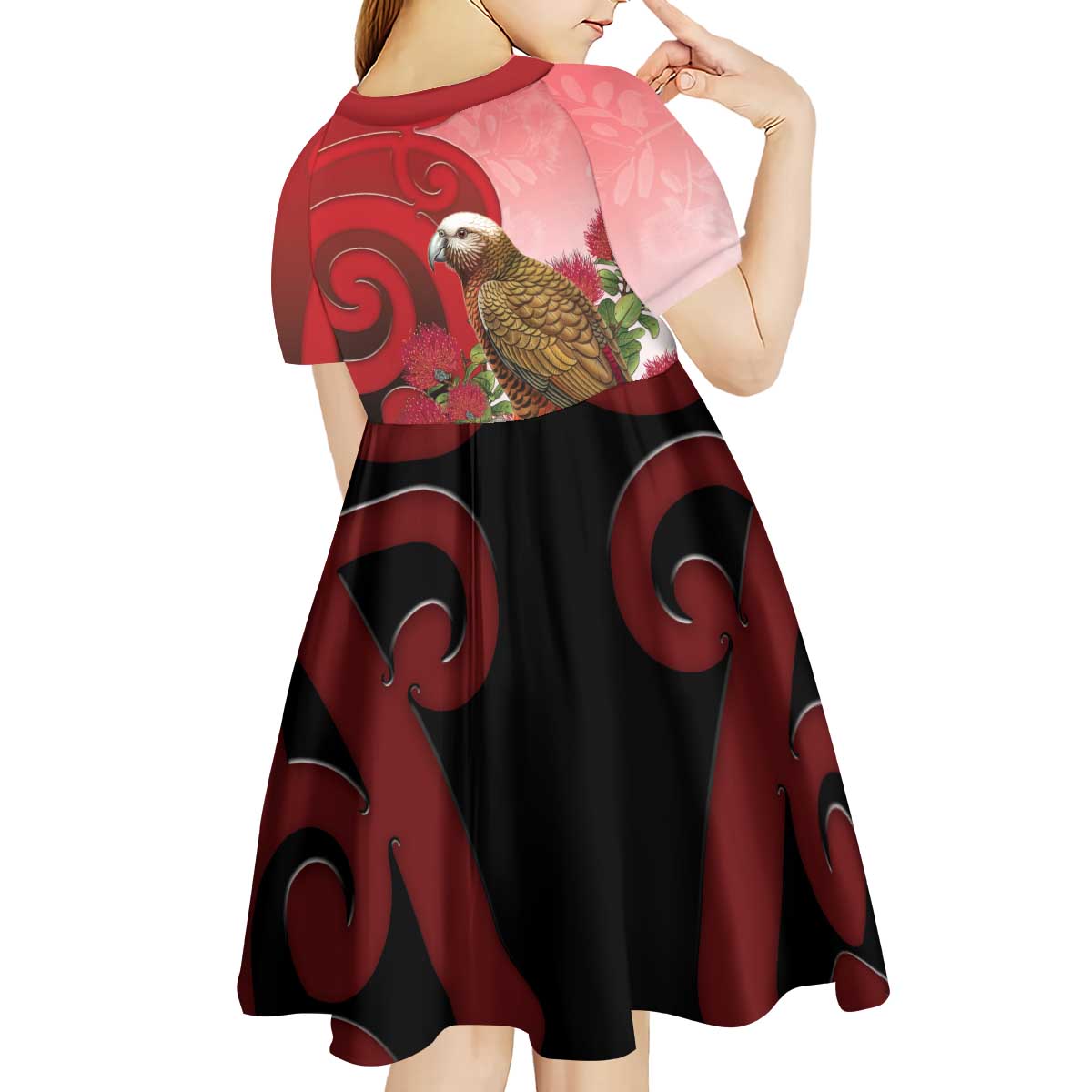 New Zealand Parrot Kaka Kid Short Sleeve Dress Maori Koru With Pohutukawa Flowers - Polynesian Pride
