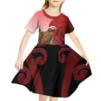 New Zealand Parrot Kaka Kid Short Sleeve Dress Maori Koru With Pohutukawa Flowers - Polynesian Pride