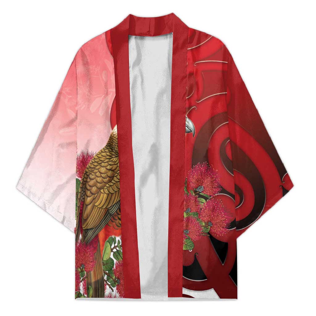 New Zealand Parrot Kaka Kimono Maori Koru With Pohutukawa Flowers - Polynesian Pride