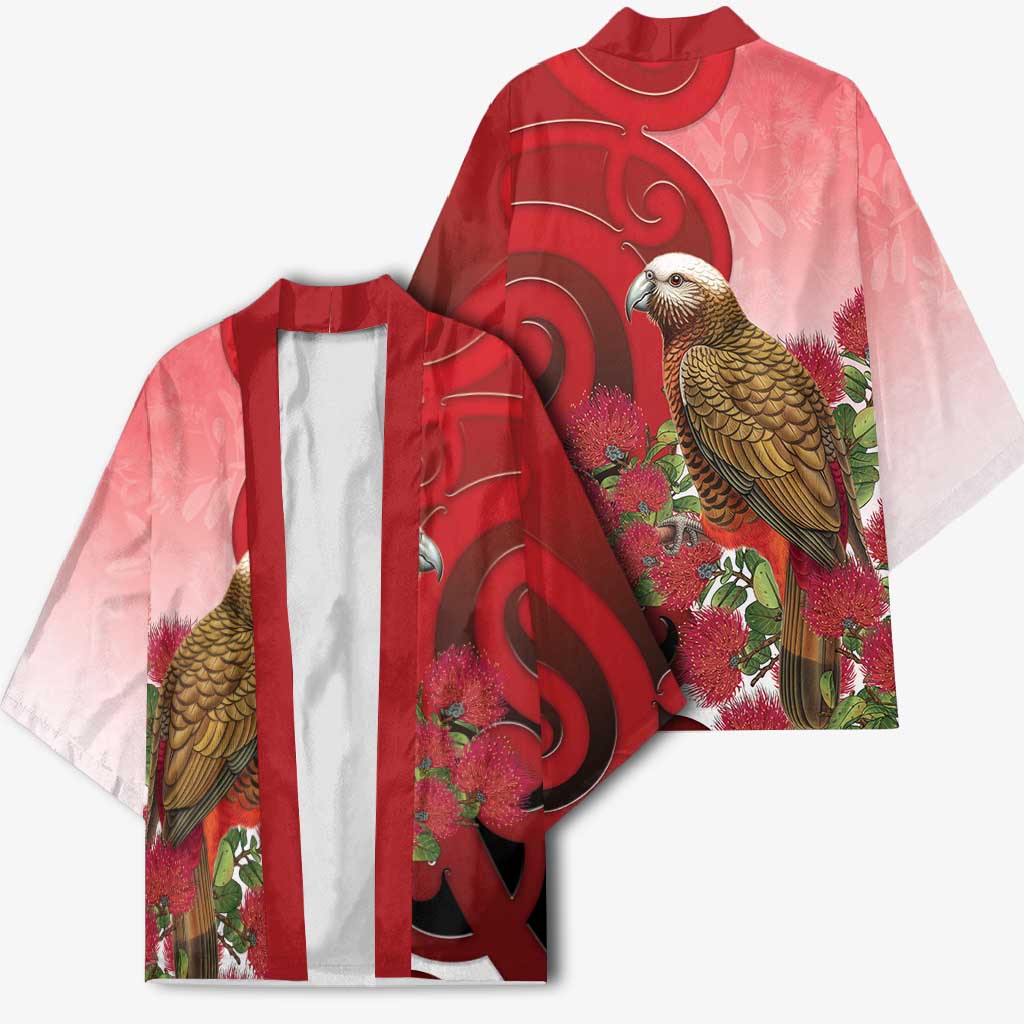 New Zealand Parrot Kaka Kimono Maori Koru With Pohutukawa Flowers - Polynesian Pride