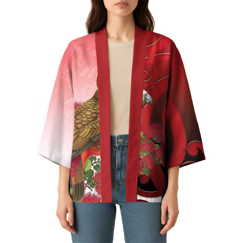 New Zealand Parrot Kaka Kimono Maori Koru With Pohutukawa Flowers - Polynesian Pride