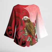 New Zealand Parrot Kaka Kimono Sleeve Blouse Maori Koru With Pohutukawa Flowers - Polynesian Pride