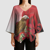 New Zealand Parrot Kaka Kimono Sleeve Blouse Maori Koru With Pohutukawa Flowers - Polynesian Pride
