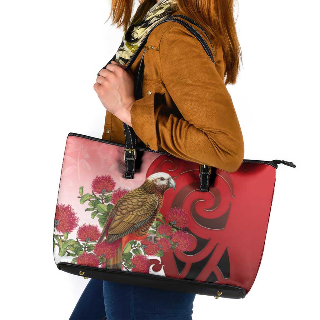 New Zealand Parrot Kaka Leather Tote Bag Maori Koru With Pohutukawa Flowers - Polynesian Pride