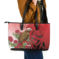 New Zealand Parrot Kaka Leather Tote Bag Maori Koru With Pohutukawa Flowers - Polynesian Pride