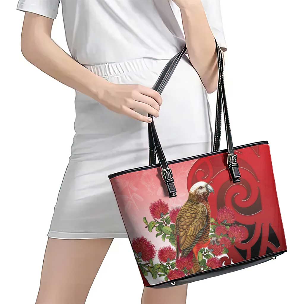 New Zealand Parrot Kaka Leather Tote Bag Maori Koru With Pohutukawa Flowers - Polynesian Pride