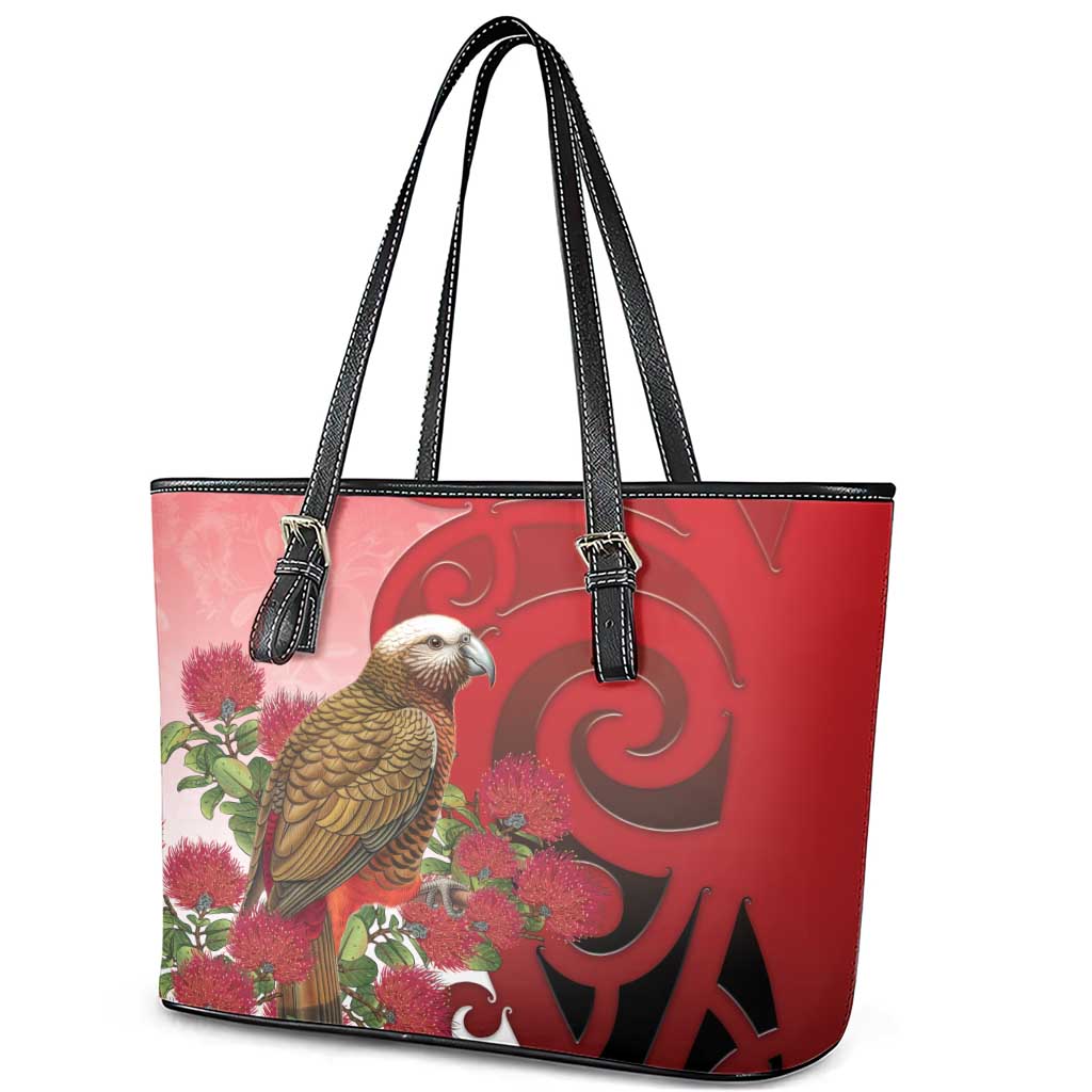 New Zealand Parrot Kaka Leather Tote Bag Maori Koru With Pohutukawa Flowers - Polynesian Pride