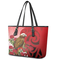 New Zealand Parrot Kaka Leather Tote Bag Maori Koru With Pohutukawa Flowers - Polynesian Pride