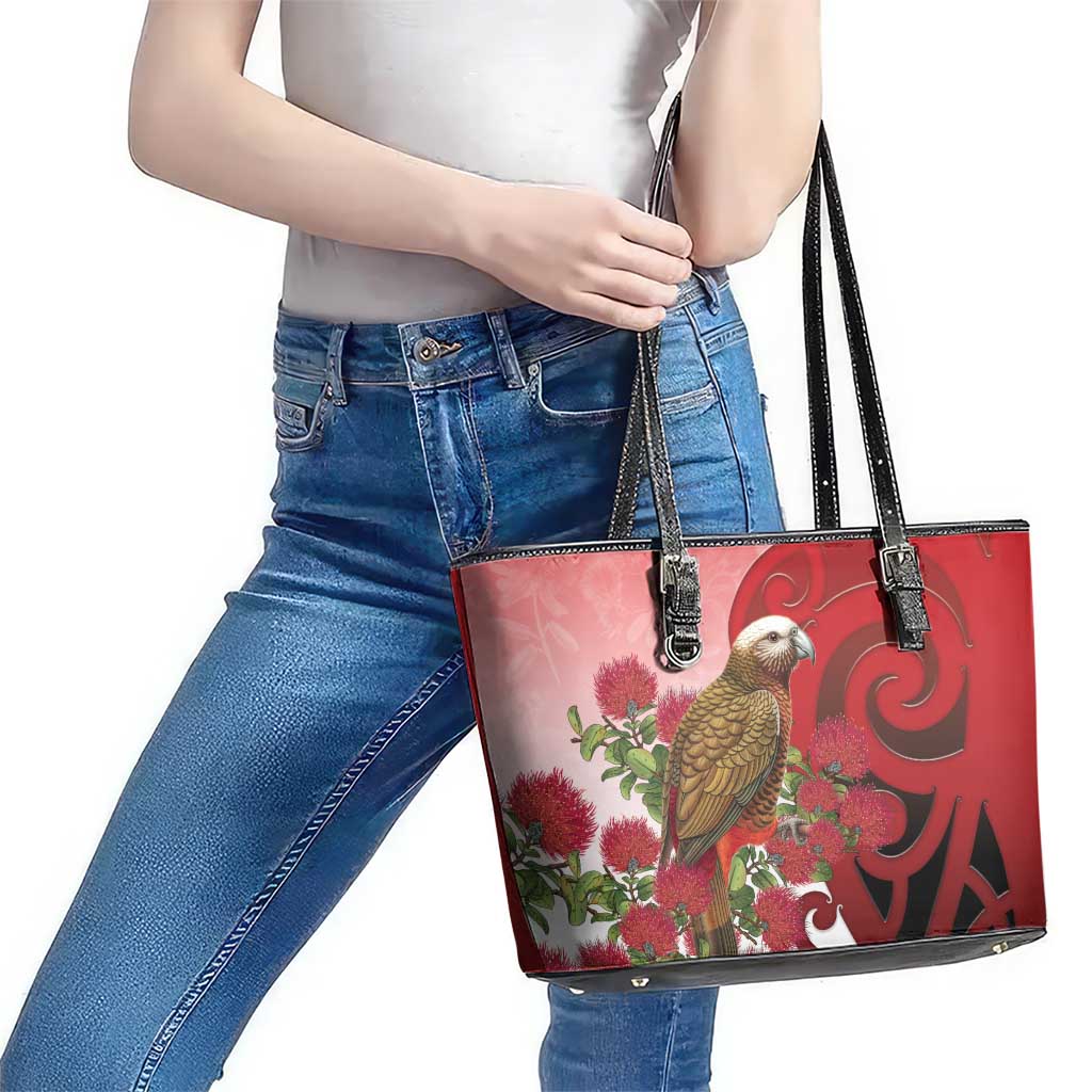 New Zealand Parrot Kaka Leather Tote Bag Maori Koru With Pohutukawa Flowers - Polynesian Pride