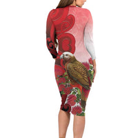 New Zealand Parrot Kaka Long Sleeve Bodycon Dress Maori Koru With Pohutukawa Flowers - Polynesian Pride