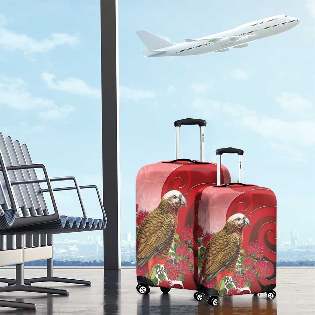 New Zealand Parrot Kaka Luggage Cover Maori Koru With Pohutukawa Flowers - Polynesian Pride