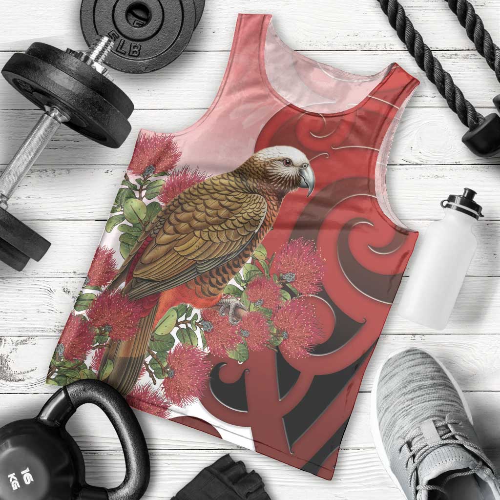 New Zealand Parrot Kaka Men Tank Top Maori Koru With Pohutukawa Flowers - Polynesian Pride