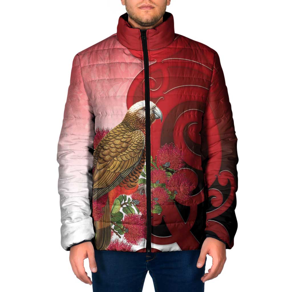 New Zealand Parrot Kaka Padded Jacket Maori Koru With Pohutukawa Flowers - Polynesian Pride