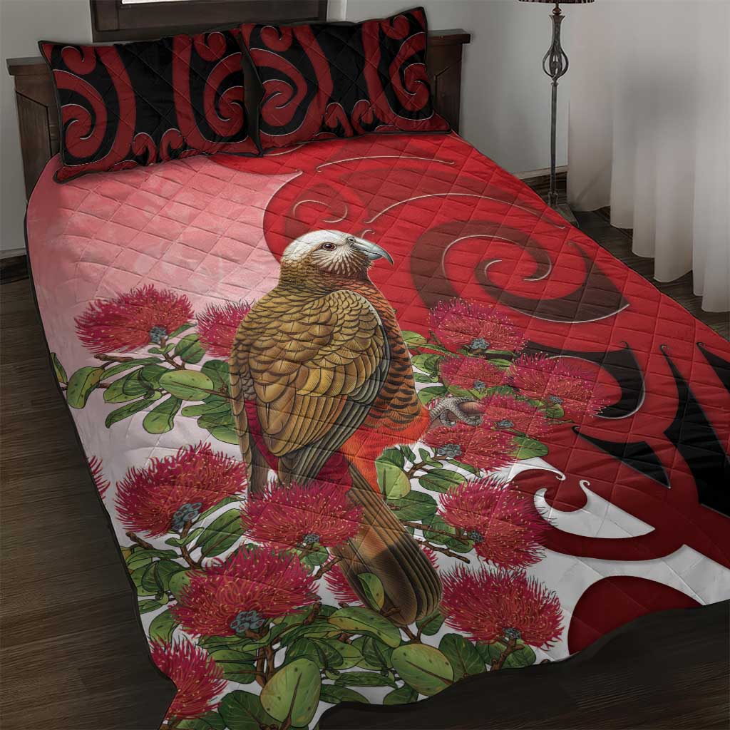 New Zealand Parrot Kaka Quilt Bed Set Maori Koru With Pohutukawa Flowers LT05 Red - Polynesian Pride