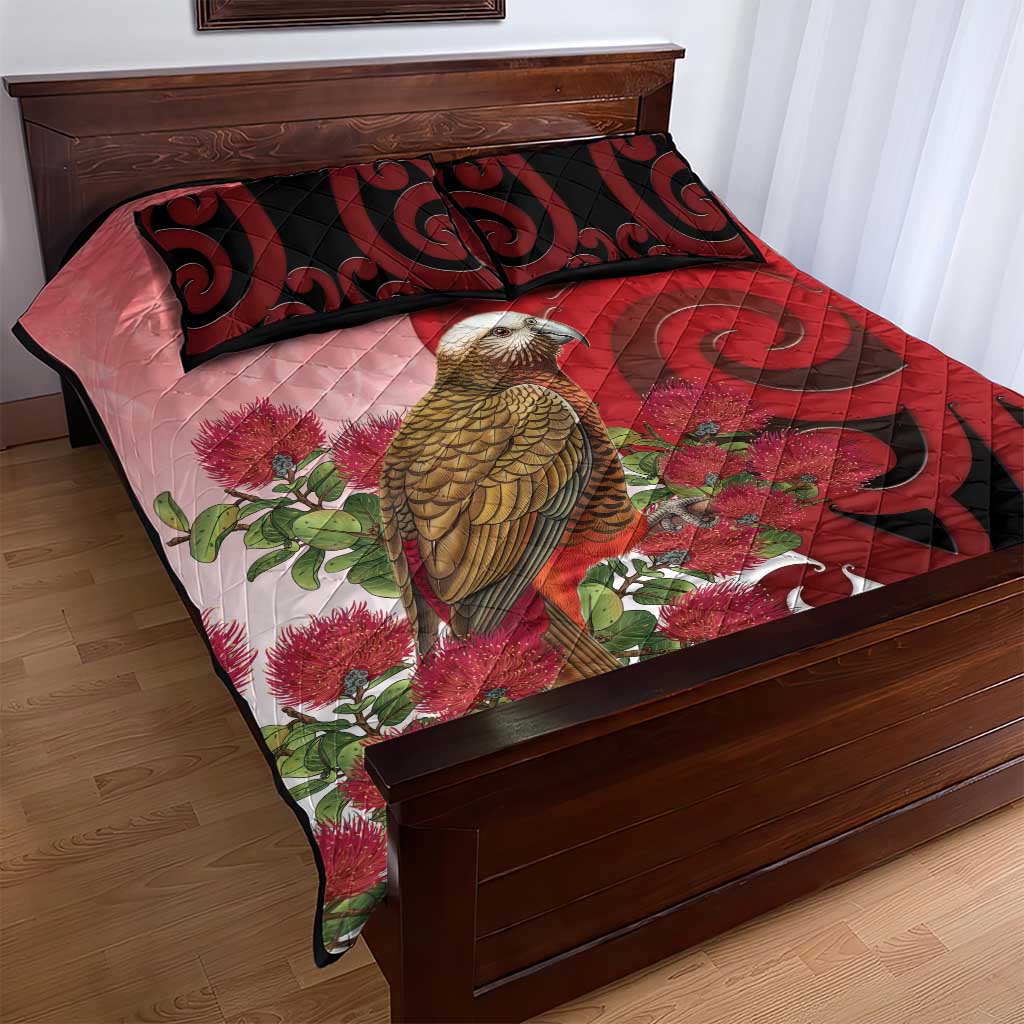 New Zealand Parrot Kaka Quilt Bed Set Maori Koru With Pohutukawa Flowers LT05 - Polynesian Pride