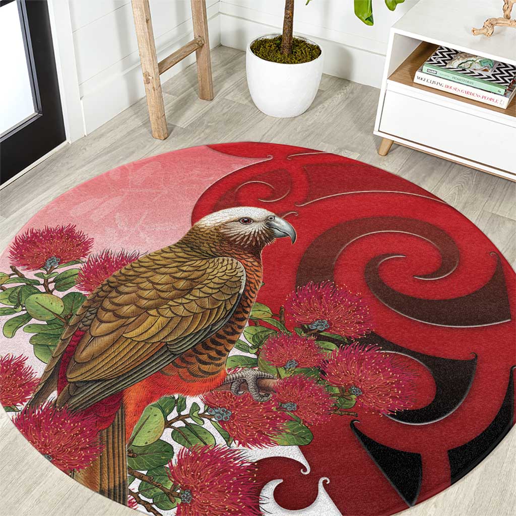 New Zealand Parrot Kaka Round Carpet Maori Koru With Pohutukawa Flowers LT05 Red - Polynesian Pride