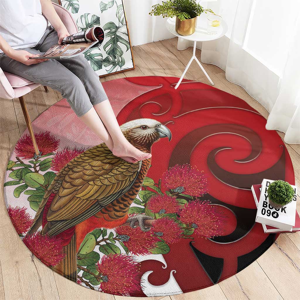 New Zealand Parrot Kaka Round Carpet Maori Koru With Pohutukawa Flowers LT05 - Polynesian Pride