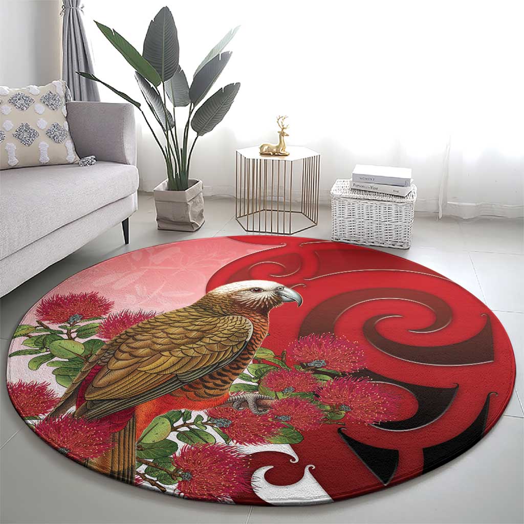 New Zealand Parrot Kaka Round Carpet Maori Koru With Pohutukawa Flowers LT05 - Polynesian Pride