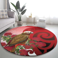 New Zealand Parrot Kaka Round Carpet Maori Koru With Pohutukawa Flowers LT05 - Polynesian Pride