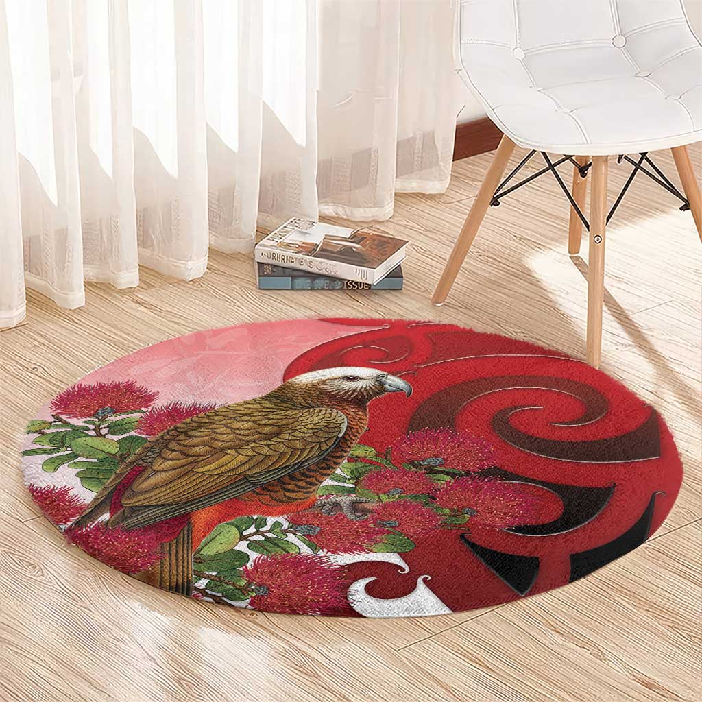 New Zealand Parrot Kaka Round Carpet Maori Koru With Pohutukawa Flowers LT05 - Polynesian Pride