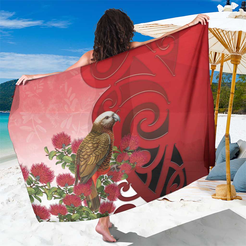 New Zealand Parrot Kaka Sarong Maori Koru With Pohutukawa Flowers LT05 One Size 44 x 66 inches Red - Polynesian Pride