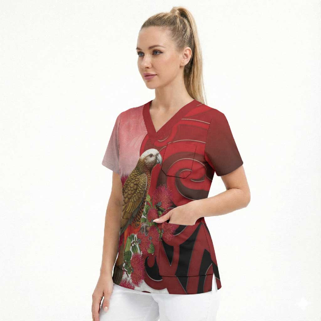 New Zealand Parrot Kaka Scrub Top Maori Koru With Pohutukawa Flowers - Polynesian Pride