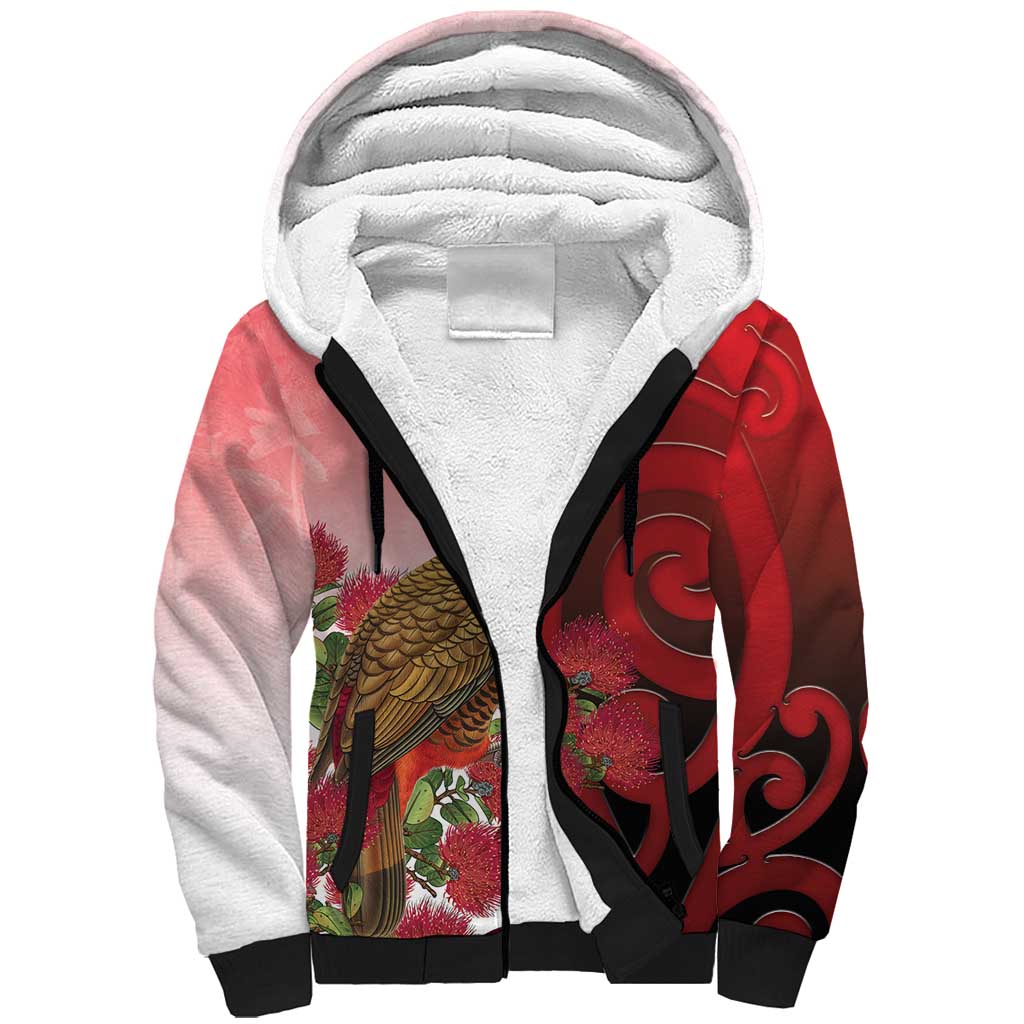 New Zealand Parrot Kaka Sherpa Hoodie Maori Koru With Pohutukawa Flowers - Polynesian Pride