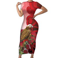 New Zealand Parrot Kaka Short Sleeve Bodycon Dress Maori Koru With Pohutukawa Flowers - Polynesian Pride