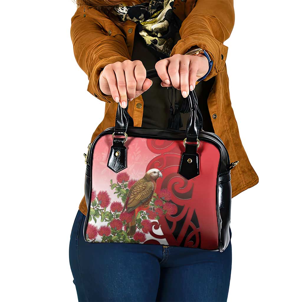 New Zealand Parrot Kaka Shoulder Handbag Maori Koru With Pohutukawa Flowers LT05 One Size Red - Polynesian Pride